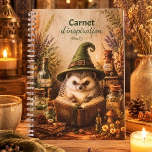 Carnet d'inspiration Hérisson Sorcier | Carnet Cottagecore | Journal illustré apothicaire | Cahier spirale | Cadeau papeterie