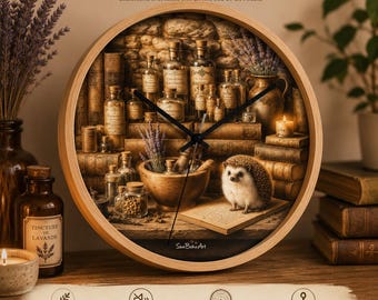 Horloge murale hérisson apothicaire / Pendule vintage botanique / Décoration cottagecore / Cadre en bois