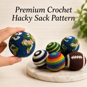 May include: A collection of six round crochet hacky sacks featuring various designs including two earth globes, a rainbow striped ball, a blue and white striped ball, a green and yellow striped ball, and a brown football with white laces.