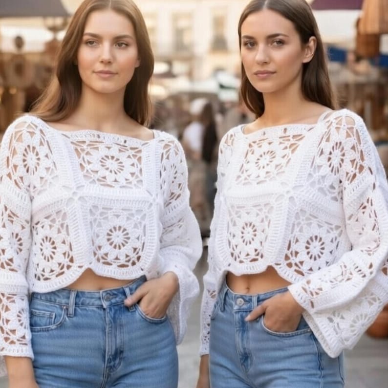 Virkmönster Daisy Mormor Fyrkantig topp, Virkmönster för spets, Damtopp med fyrkantigt motiv bild 4