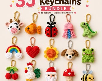 35 söta handgjorda nyckelringar | Virkade amigurumi-nyckelringsmönster i PDF-format | Nyckelringsdesigner för djur och frukt | Gör-det-själv-presentidéer