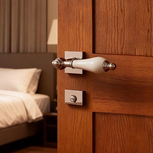 May include: A close-up of a wooden door with a silver and white door handle and lock. The door handle has a white ceramic handle and a silver base. The door is made of wood with a natural grain.