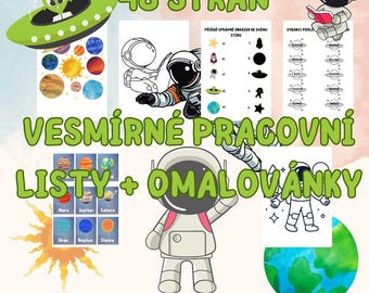 Vesmírné pracovní listy a omalovánky pro děti (3–6 let) | 48 stran | Tisknutelné PDF