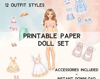 Printable Paper Doll Set, 1 Doll, 12 Outfits, Accessories (Digital Download)