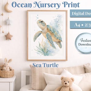 Sea Turtle Watercolor Print – Ocean Nursery Wall Art – Tropical Animal Illustration – Coastal Decor – Baby Room Printable Art – A4 Digital
