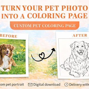 以下が含まれることがあります： ペットの写真から塗り絵を作成する広告。犬の写真が塗り絵に変わる前後の比較画像が表示されています。「ペットの写真を塗り絵に」というテキストが含まれています。
