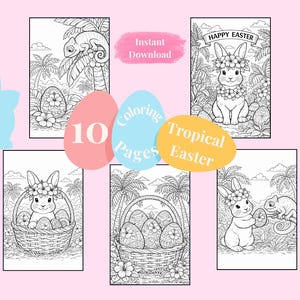 Peut inclure: Ensemble de pages de coloriage en noir et blanc sur le thème de Pâques tropical. Les pages présentent des lapins de Pâques, des œufs décorés et un caméléon. Le texte comprend "Téléchargement instantané", "10 pages à colorier" et "Tropical Easter".