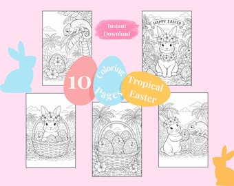Tropical Easter Coloring Pages for Kids – Printable Easter Bunny Coloring Pages – 10 Easter Coloring Sheets – Instant Download