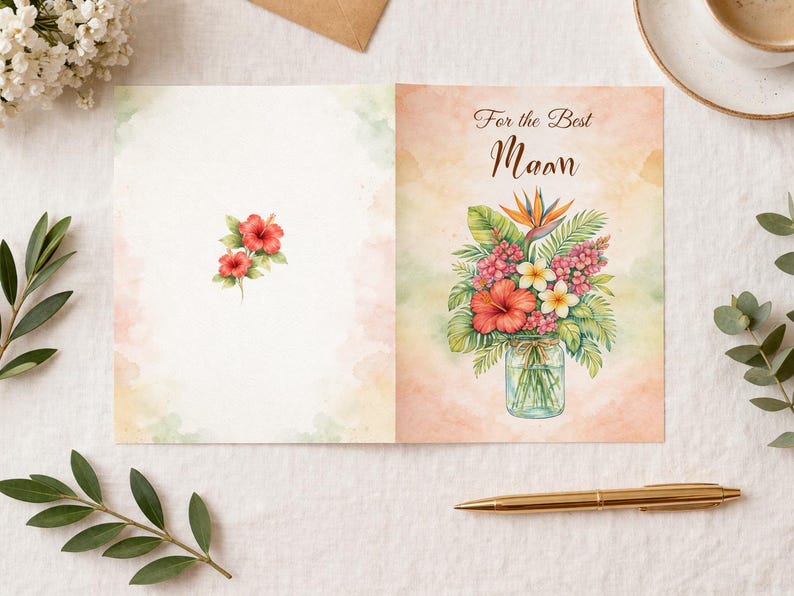 May include: A watercolour greeting card featuring a floral design. The card is open, displaying a bouquet of flowers in a glass jar. The text "For the Best Maam" is on the right. The left side has a small floral design.