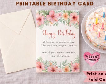 Printable Birthday Card with Poem, A4 Fold Card, Instant Download, Floral Birthday Card, DIY Greeting Card, Printable Card, Last Minute Gift