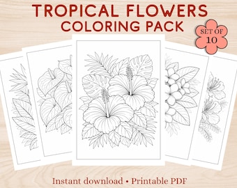 Tropical Flower Coloring Pages Printable – Hibiscus & Plumeria Coloring Book – Relaxing Coloring Pages for Adults - Kids – Instant Download