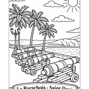 May include: Black and white line drawing of cannons lined up on a pier with palm trees, clouds, and a sun in the background. The text "Le Barachois - Saint Denis" is on a banner at the bottom.