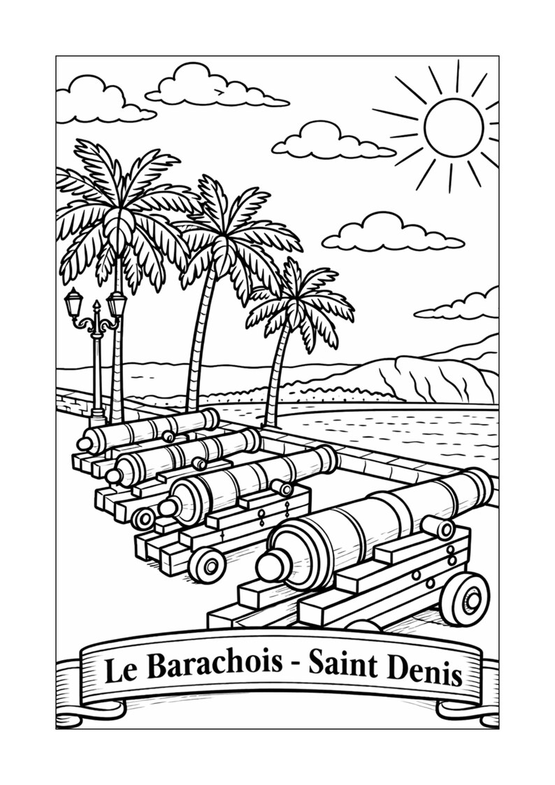 May include: Black and white line drawing of cannons lined up on a pier with palm trees, clouds, and a sun in the background. The text "Le Barachois - Saint Denis" is on a banner at the bottom.