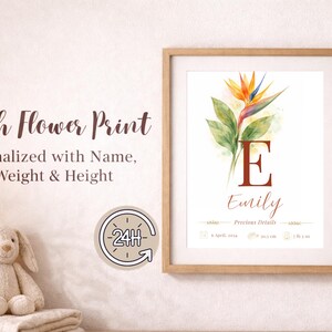 Peut inclure: Impression d'art encadrée avec une illustration de fleur de naissance et la lettre "E". Le prénom "Emily" et les détails de naissance sont inclus. Le texte "Birth Flower Print" est en haut. La taille est de 50,5 cm.