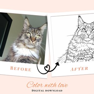 以下が含まれることがあります： 猫のビフォーアフター画像。左の画像は、グレーと白の猫のカラー写真です。右の画像は、同じ猫の白黒線画です。「BEFORE」と「AFTER」の文字。下には「Color with love」と「DIGITAL DOWNLOAD」の文字があります。