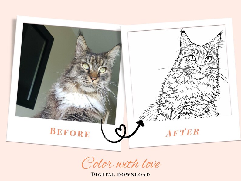 以下が含まれることがあります： 猫のビフォーアフター画像。左の画像は、グレーと白の猫のカラー写真です。右の画像は、同じ猫の白黒線画です。「BEFORE」と「AFTER」の文字。下には「Color with love」と「DIGITAL DOWNLOAD」の文字があります。