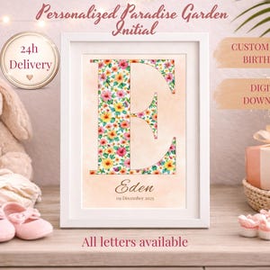 Peut inclure: Impression d'art encadrée avec une initiale "E" florale. La lettre est remplie d'un motif floral coloré. L'impression comprend le nom "Eden" et la date "09 décembre 2025". Le texte "Toutes les lettres disponibles" est en bas.