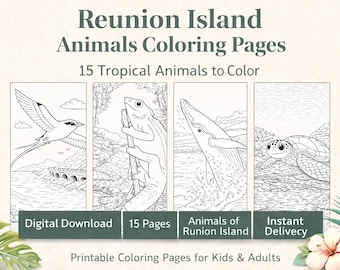Tropical Animals Coloring Pages – Wildlife of Reunion Island | Kids Printable Activity– Turtle whale coloring- Instant Download
