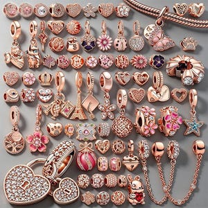 Könnte beinhalten: Eine Sammlung von roségoldfarbenen Metallanhängern und Perlen in verschiedenen Formen wie Herzen, Blumen, Tieren, dem Eiffelturm und einem Vorhängeschloss. Viele Stücke sind mit klaren Kristallen, rosa Emaille und filigranen Mustern verziert.