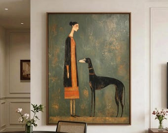 Original Saluki Ölgemälde, Elegante Frau und Hund Wandkunst, Stimmungsvolle Grüne Figurative Leinwand, Vintage Inspirierte Wohnkultur