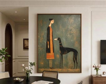 Dipinto ad olio originale di Saluki, elegante opera d'arte da parete con donna e cane, tela figurativa dai toni verdi intensi, arredamento per la casa di ispirazione vintage.