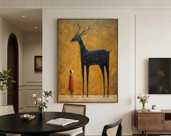 Dipinto originale ad olio di cervo surreale, opera d'arte murale raffigurante un cervo nero, tela color ocra dorata, decorazione minimalista figurativa per la casa.