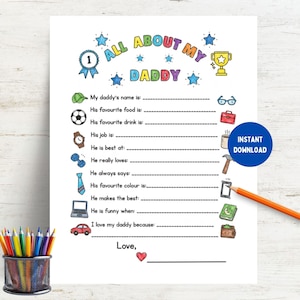 Cuestionario imprimible "Todo sobre mi papá", hoja de actividades para colorear del Día del Padre, regalo para papá de parte de un niño/a, regalo hecho a mano, tarjeta de cumpleaños para papá