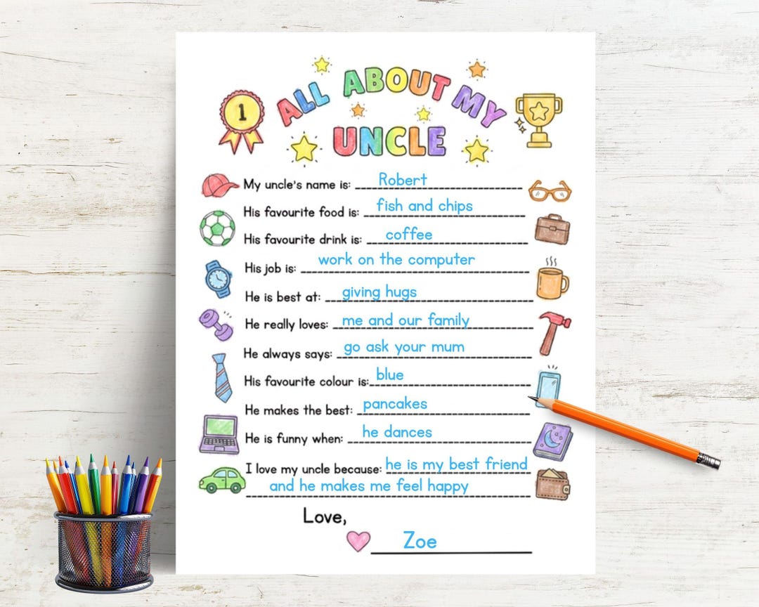 All About My Uncle Printable, Uncle Questionnaire, Father's Day