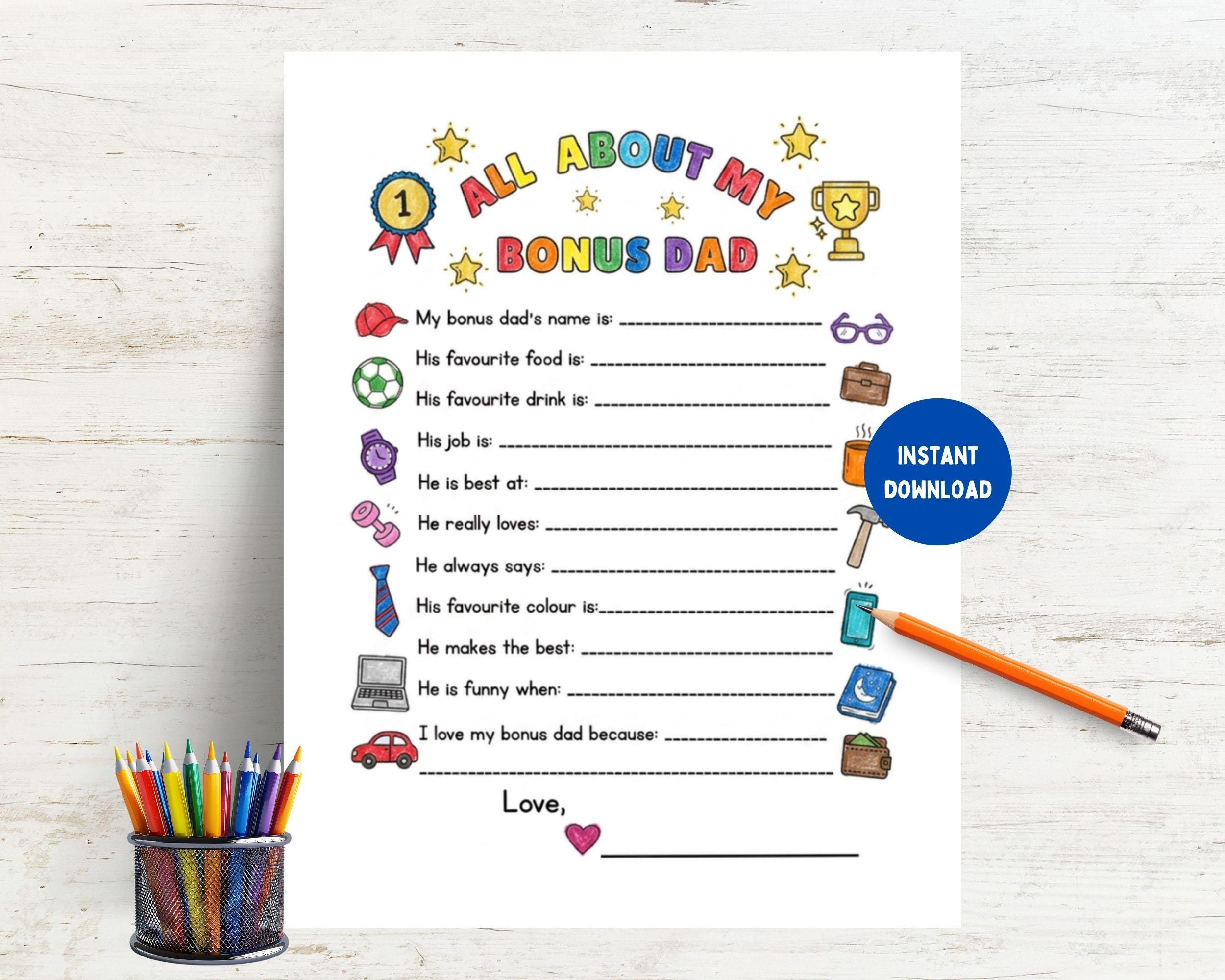 All About My Bonus Dad Printable Questionnaire, Father's Day…