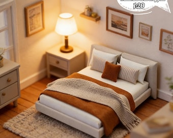 Letto matrimoniale in miniatura per casa delle bambole, stile crema, mini letto fatto a mano, mini mobili per diorama, scala 1:20
