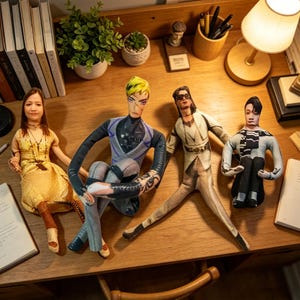 May include: Four fabric dolls with detailed facial features and clothing are arranged on a wooden desk. The dolls include a woman in a yellow dress, a doll with a yellow and black hairstyle, a doll in a cream-colored outfit, and a doll in a black and white outfit.