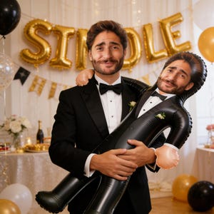 Könnte beinhalten: Ein Mann in einem schwarzen Smoking hält eine schwarze aufblasbare Puppe in einem Smoking. Goldene Folienballons bilden das Wort "SINGLE" dahinter. Die Puppe hat ein aufgedrucktes Gesicht. Der Mann lächelt. Partydekorationen im Hintergrund.