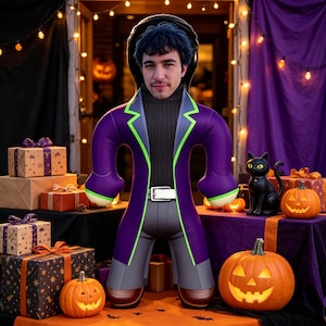 Custom Face Halloween Inflatable Doll, Personalized Purple Green Jacket with Silver Belt Character, Funny Halloween Party Decor