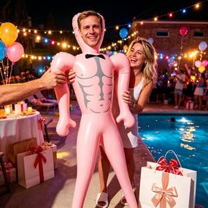 Puede incluir: Una muñeca inflable de color rosa claro con un torso musculoso impreso, una pajarita negra y una cara sonriente. La muñeca tiene brazos y piernas largos, una textura de vinilo suave y se sostiene en posición vertical en un entorno festivo.