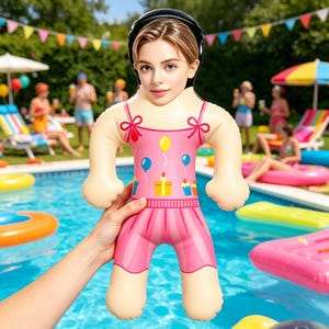Può includere: Bambola gonfiabile con volto di donna, indossa un costume da bagno rosa a tema compleanno. La bambola ha una fascia nera ed è tenuta davanti a una piscina con persone sullo sfondo.