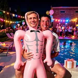 May include: A pink inflatable doll featuring a printed muscular torso and a black bow tie, with a cutout space for a face. The doll has long arms and legs, a smooth plastic texture, and is held by a person in a casual shirt at a pool party.