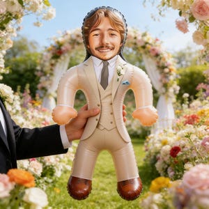 Könnte beinhalten: Aufblasbare Puppe in beigem Anzug, Weste und Hose, mit braunen Schuhen. Die Puppe hat ein lächelndes Gesicht, ein weißes Hemd und eine graue Krawatte. Die Puppe wird vor einem Blumengewölbe gehalten.