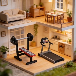 Peut inclure: Une maison de poupée miniature détaillée avec un salon, une salle à manger et une cuisine. Le niveau inférieur comprend un banc de musculation, une barre et un tapis roulant, suggérant une salle de sport à domicile.