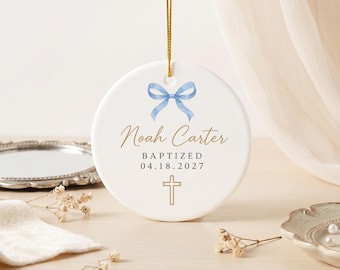 Personalized Baby Baptism Ceramic Ornament, Custom Name Date Christening Keepsake, Christian Gift for Son Godson Grandson