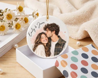 Gepersonaliseerd fotoornament voor stellen, kerstcadeau op maat voor een stel, keramisch fotoornament, jubileum- of verlovingscadeau