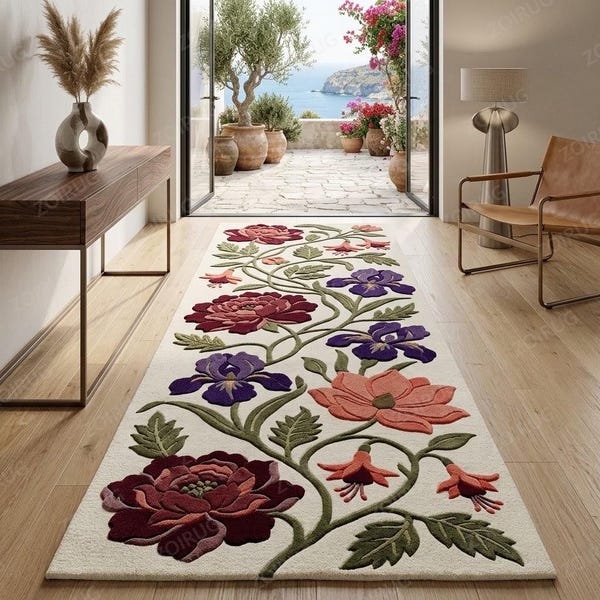 Botanical Blooming Floral Vine Carved Wool Modern Ivory Hallway Runner Rug Custom Handmade
