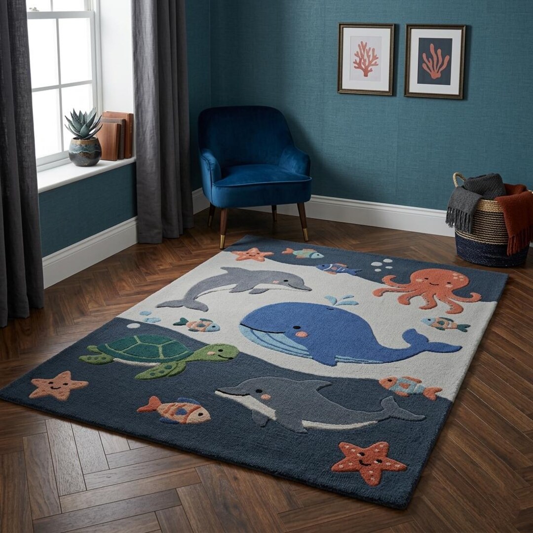 Ocean Animals Kids Rug, Whale Dolphin Turtle Nursery Rug, Sea Life ...