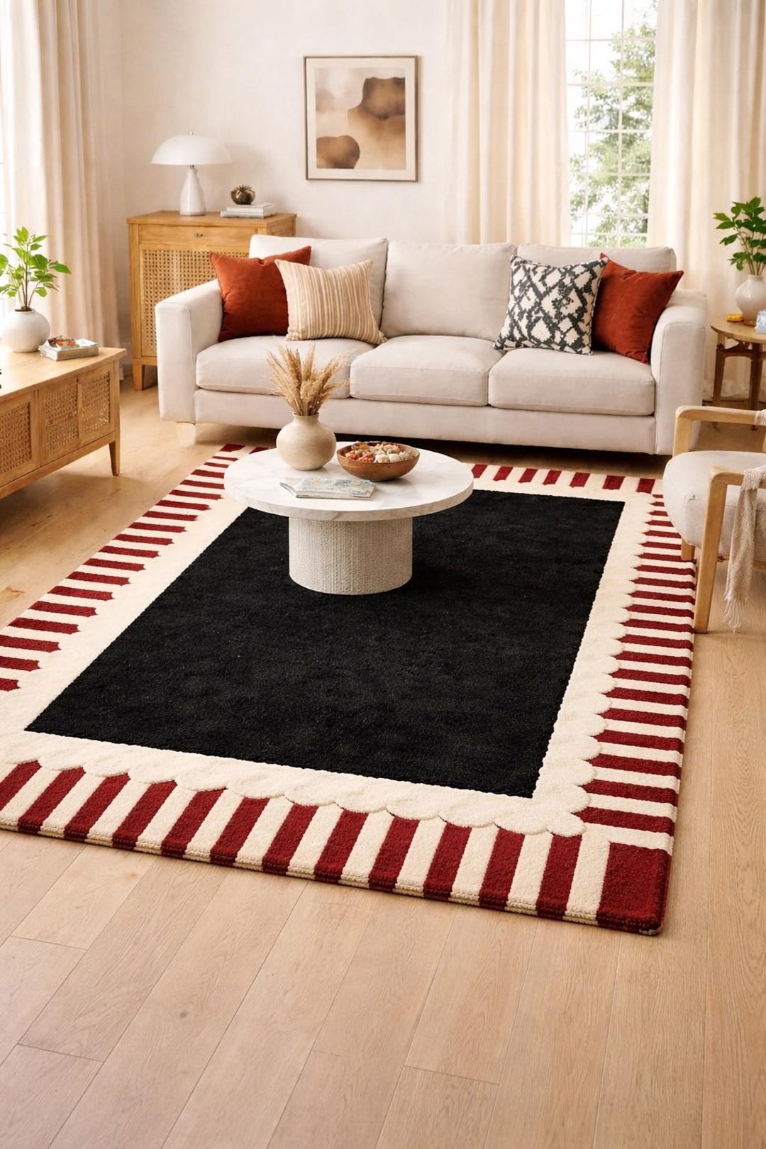 Senter Rug Black Center Rug With Red Striped Border, Modern Handmade Area Rug ...