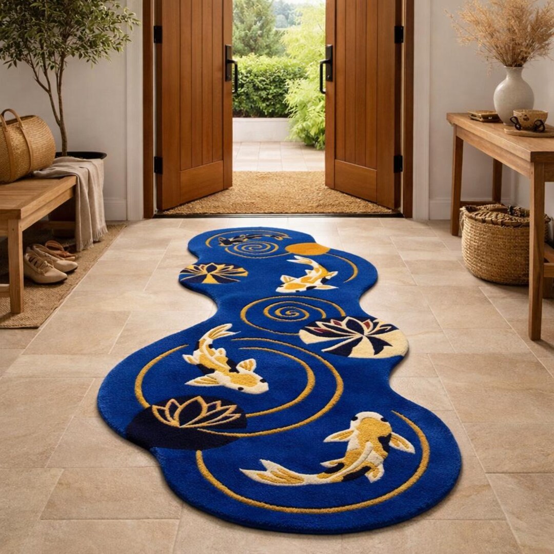 Modern Koi Fish Area Rug, Blue Abstract Runner Rug, Japanese Style ...