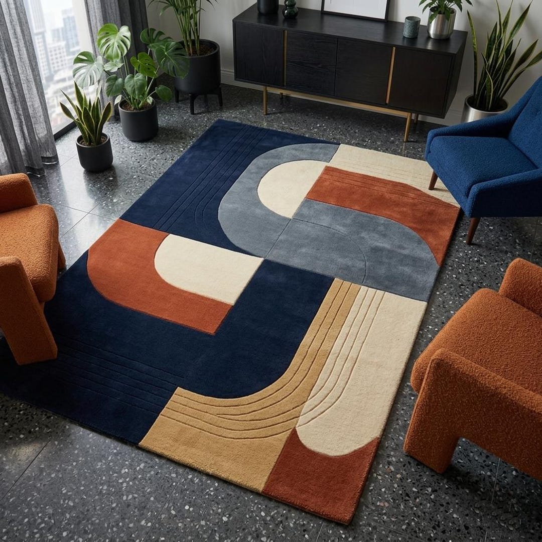 Navy Rust Rug Handmade Navy Abstract Rug, Bauhaus Geometric Tufted Carpet, Modern ...