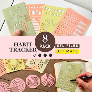 Può includere: Una collezione di stencil in vari colori, tra cui verde, pesca e rosa, con disegni geometrici e a motivi. L'immagine include il testo "HABIT TRACKER" e "8 PACK STL FILES ULTIMATE". Gli stencil sono progettati per l'uso in un planner o diario.
