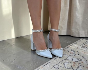 White Pointed Toe Heels, Elegant Rhinestone Block Heel Sandals, Wedding Guest Shoes