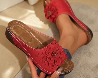 Women's Open Toe Flower Sandals, Lightweight PU Slip On Summer Slides