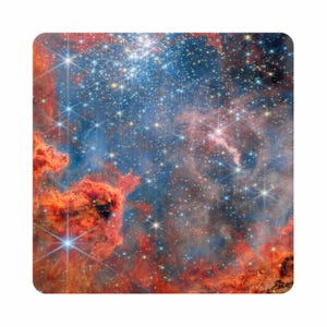 May include: A colourful image of a nebula, featuring orange, red, blue, and white hues. The image is densely packed with stars and cosmic dust, offering a striking depiction of space. The bright stars create a sparkling effect.