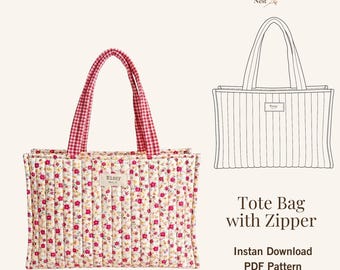 Quilted Tote Bag Sewing Pattern with Zipper, Beginner-Intermediate, Video Tutorial (Digital Download)